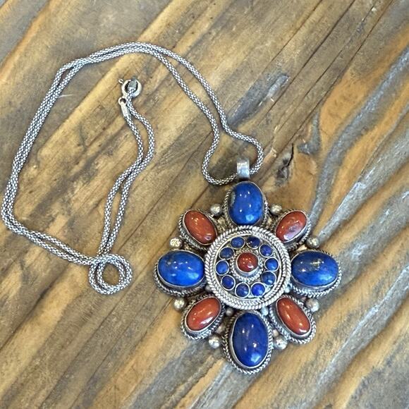 Sterling Silver Lapis Coral Jasper Bali Style Ghau Box Poison Locket Necklace - Picture 7 of 9